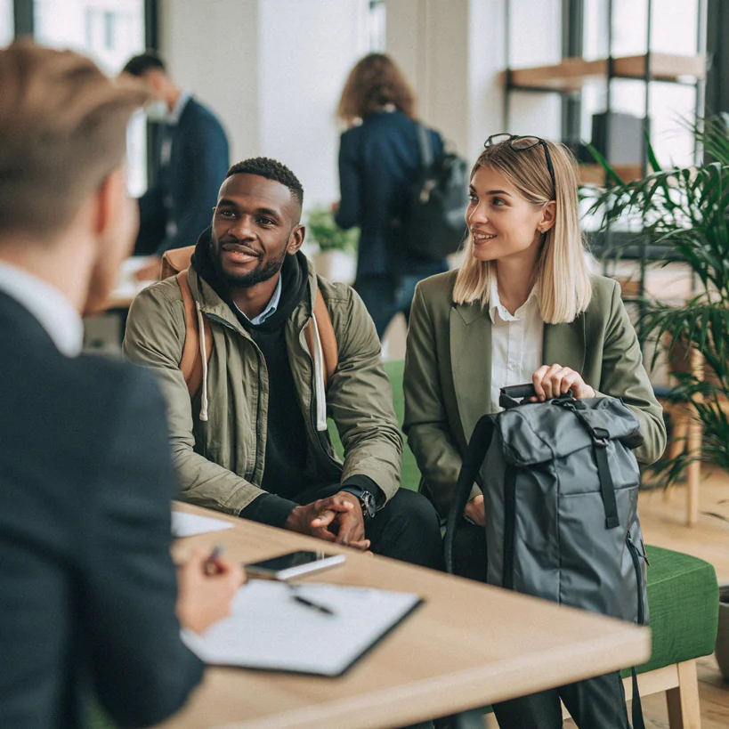A couple with travel bags talking to a finance consultant